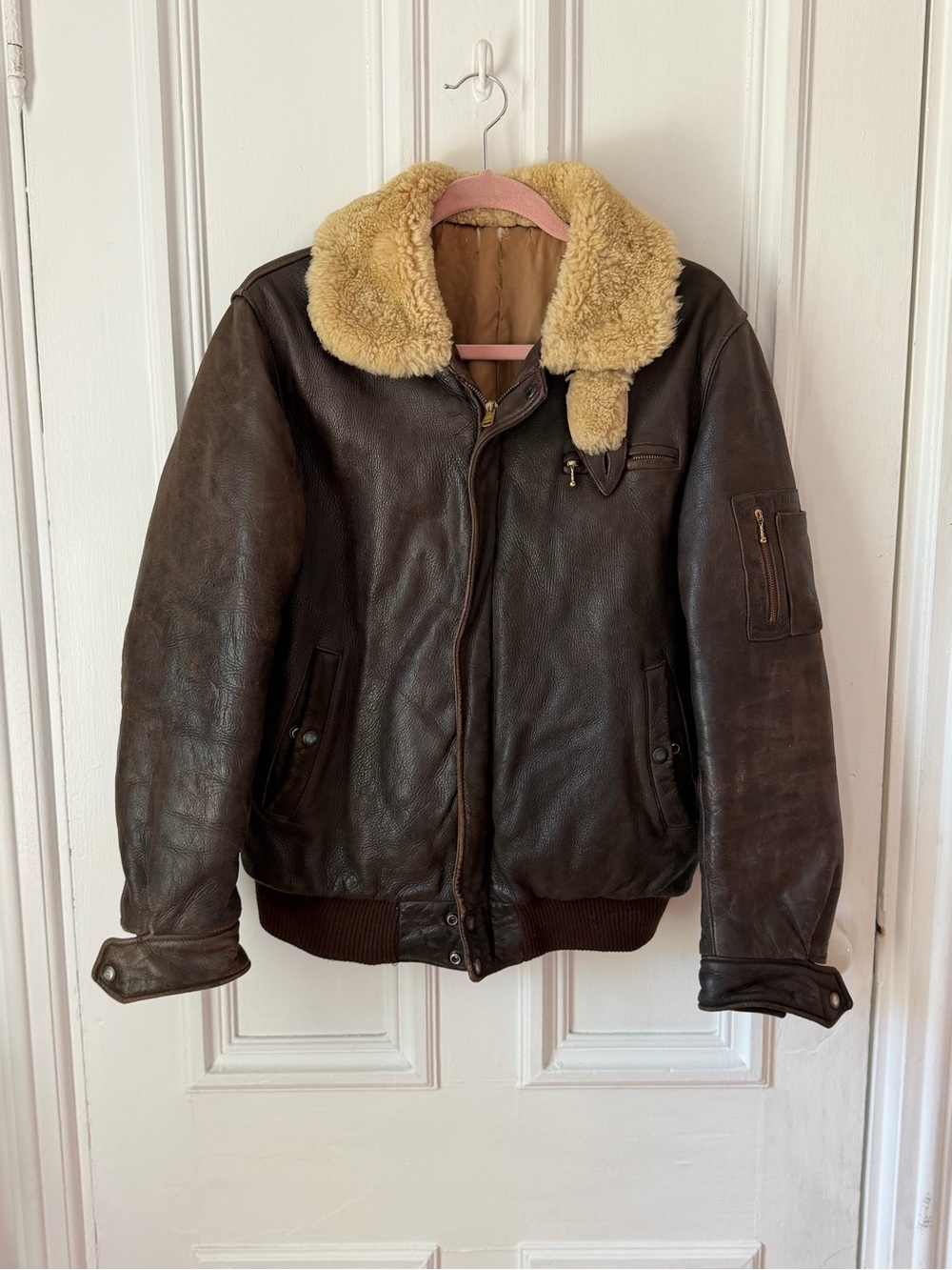 Women’s Vintage Roots Brown Leather Aviator Jacket Sheepskin Collar Size Medium